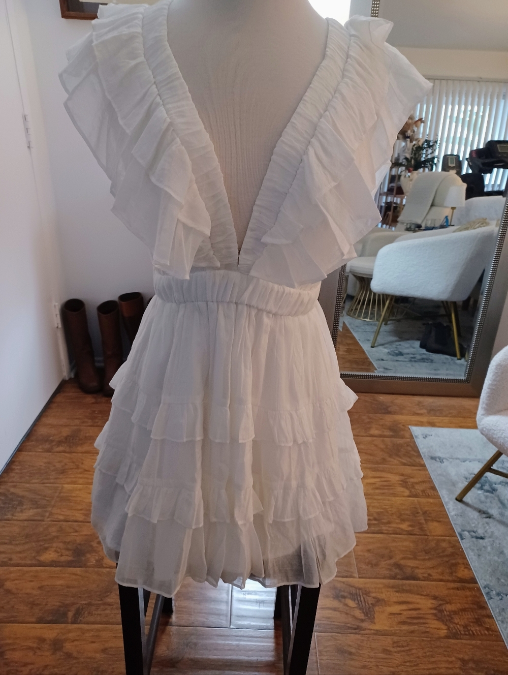 Mustard Seed White Ruffle V-Neck Mini Dress
